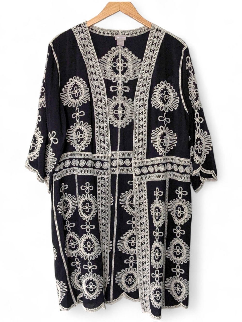 Chicos Embroidered Kimono Black Ivory Size M/L Flowy Open Cardigan Duster
